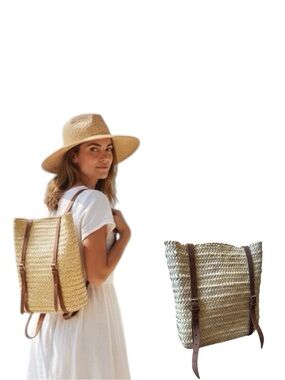 Woven Straw Backpack with Brown Leather Straps - Natural